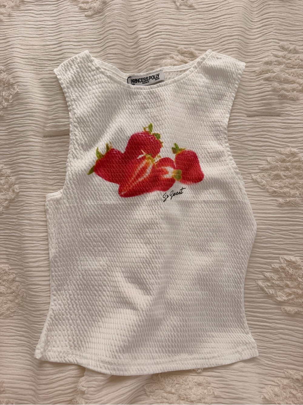 Princess Polly White Ribbed Tank with Red Strawberry Print